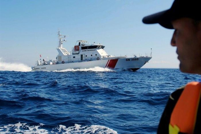 Tunisian coastguards take part in an anti-smuggling patrol off the country's northern coast on March 30, 2017