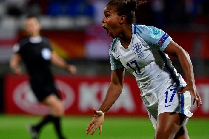England's forward Nikita Parris reacts after scoring during the UEFA Women's Euro 2017 football match against Portugal Stadium Koning Willem II in Tilburg on July 27, 2017