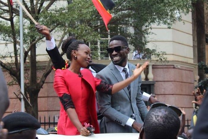 A past photo of Bobi Wine with his wife Barbie. The Ugandan politician caused excitement after landing at JKIA Nairobi