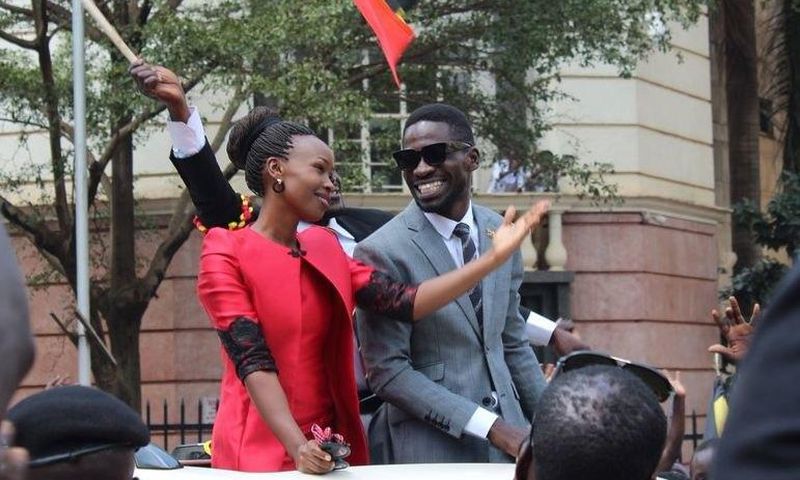 A past photo of Bobi Wine with his wife Barbie. The Ugandan politician caused excitement after landing at JKIA Nairobi
