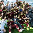 Venezuela's players celebrate their victory during the U-20 World Cup semi-final football match on June 8, 2017