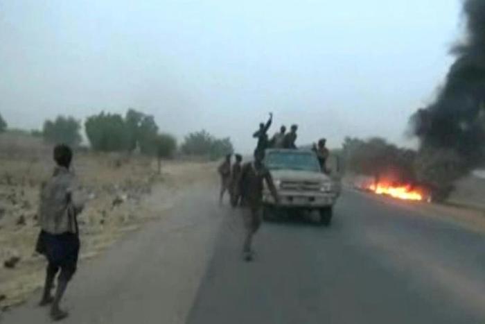 Boko Haram jihadists, similar to the ones pictured January 2018, overran a naval base and a multinational joint task force post in the fishing town of Baga after a fierce battle