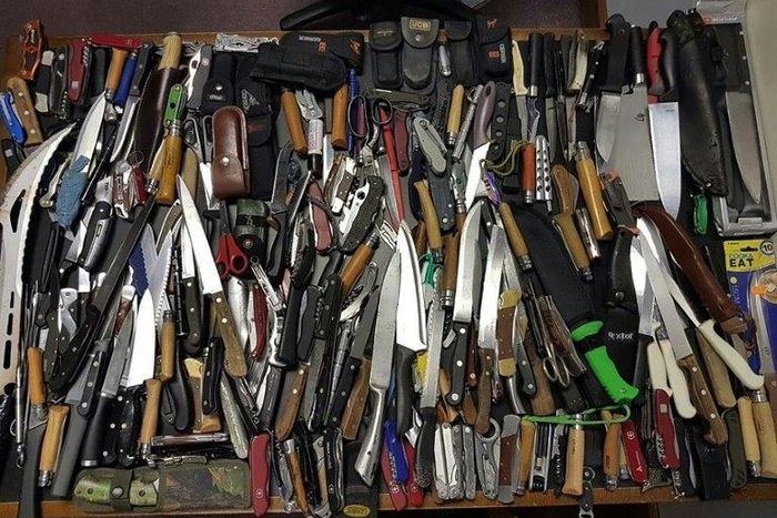 Britain is cracking down on rising knife crime, including allowing banned blades to be deposited anonymously as those shown here, after police registered more than 12,100 knife attacks between April last year and March, the highest figure in five years