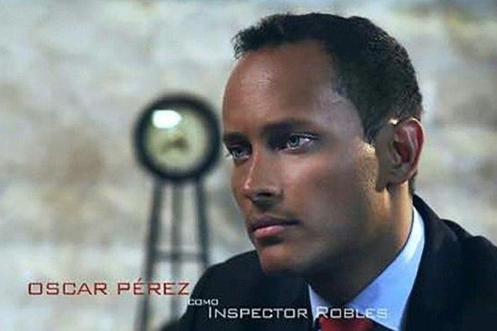 A handout released by the company that produced the movie "Suspended Death" in which helicopter pilot Oscar Perez played a role. He has been identified as the helicopter pilot responsible for a grenade attack on the Venezuelan Supreme Court