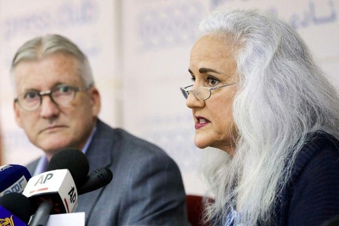 Debra Tice (R), mother of US journalist Austin Tice who was kidnapped in Syria five years prior, speaks during a press conference with her husband Marc in the Lebanese capital Beirut on July 20, 2017