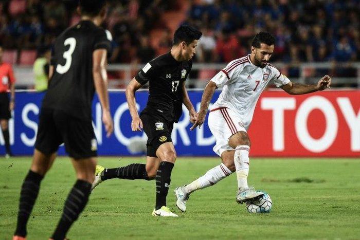 Ali Mabkhout (right) scored a late equaliser as the United Arab Emirates drew 1-1 with Thailand in a World Cup qualifier in Bangkok on June 13, 2017