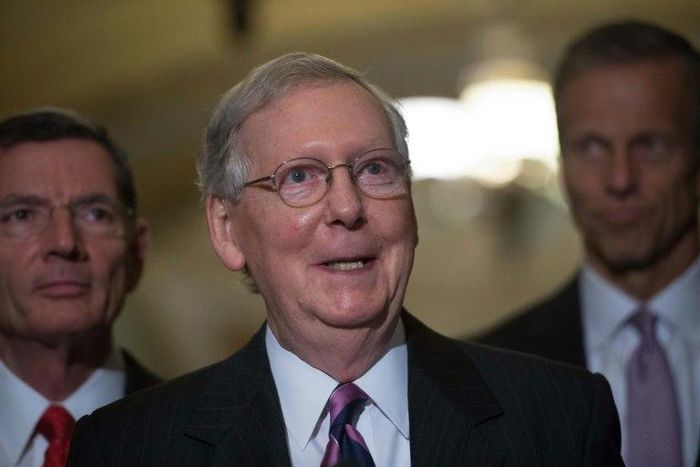 US Senate Majority Leader Mitch McConnell speaking to the press after a Republican senators' weekly lunch at the US Capitol in Washington, DC