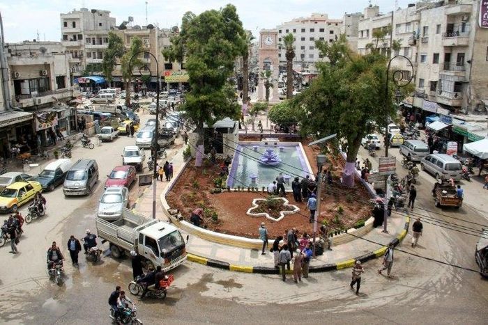 A picture taken in May 2017 shows a general view of a square in the northern Syrian city of Idlib