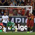 Radja Nainggolan and Diego Perotti (R) of AS Roma celebrate after scoring a goal against Tottenham Hotspur during their International Champions Cup (ICC) match, at Red Bull Arena in Harrison, New Jersey, on July 25, 2017