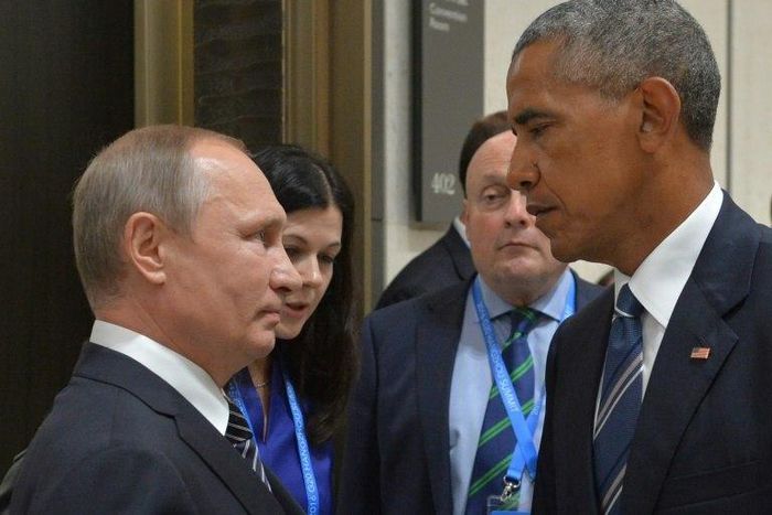 Russian President Vladimir Putin (L) meets with then-US President Barack Obama on the sidelines of the G20 Leaders Summit in Hangzhou on September 5, 2016