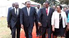 President Uhuru Kenyatta, his Deputy William Ruto and health CS Sicily Kariuki walk with National Assembly Speaker Justin Muturi