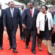 President Uhuru Kenyatta, his Deputy William Ruto and health CS Sicily Kariuki walk with National Assembly Speaker Justin Muturi