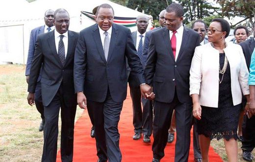 President Uhuru Kenyatta, his Deputy William Ruto and health CS Sicily Kariuki walk with National Assembly Speaker Justin Muturi