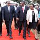 President Uhuru Kenyatta, his Deputy William Ruto and health CS Sicily Kariuki walk with National Assembly Speaker Justin Muturi
