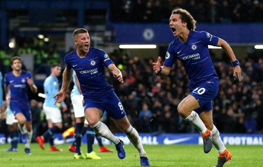 Chelsea's David Luiz (right) celebrates scoring in a 2-0 win over Manchester City on Saturday