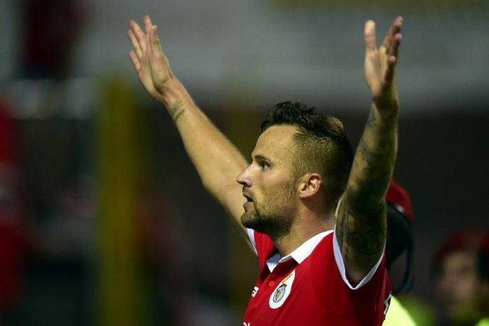 Benfica's Swiss forward Haris Seferovic celebrates after scoring a goal during the Portuguese league football match between GD Chaves and SL Benfica