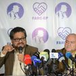 FARC commanders Ivan Marquez (L) and Carlos Lozada deliver a press conference announcing the launching of their political party in Bogota on July 24, 2017.The FARC guerrillas announced Monday they will launch a legal political party on September 1