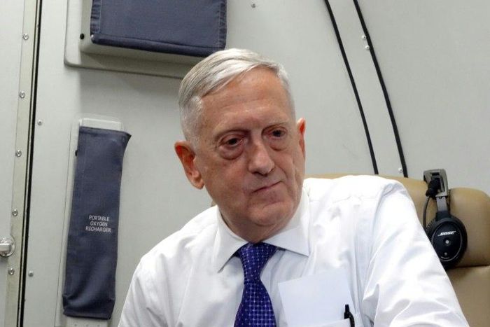 US Defense Secretary James Mattis speaks to reporters on board a flight on August 20, 2017