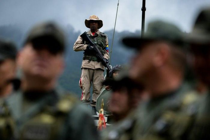 Venezuelan troops are pictured at a press conference given by Defence Minister General Vladimir Padrino Lopez at Fort Tiuna in Caracas on Monday