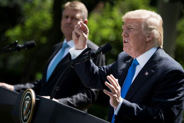US President Donald Trump, shown next to Romania's President Klaus Iohannis, was addressing reporters for the first time since Thursday's explosive testimony by former FBI chief James Comey