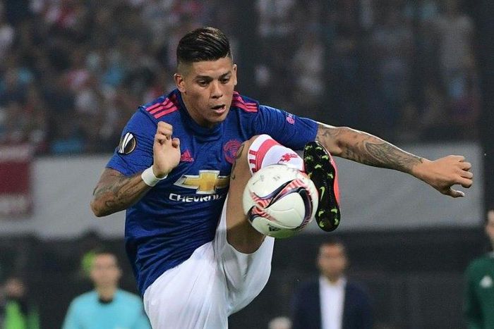 Manchester United's Marcos Rojo in action during a 2016 Europa League match against Feyenoord Rotterdam