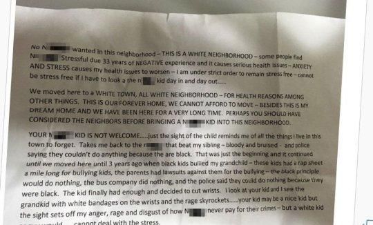 Racist tells black neighbors the sight of their child would be bad for her health