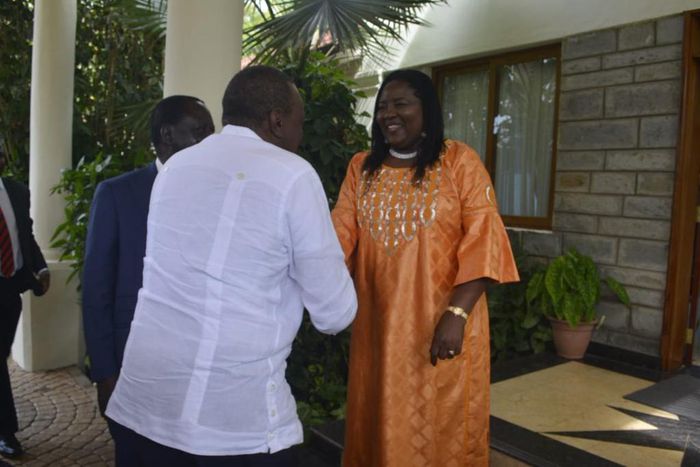 President Kenyatta is received by Mr Odinga and Mrs Ida Odinga at Bondo, Siaya