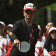 Indonesia's President Joko Widodo plays table tennis at the launch of his country's team for the 29th Southeast Asian Games taking place in Kuala Lumpur from August 19 to August 30