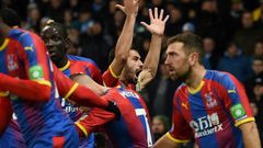 Crystal Palace's Luka Milivojevic celebrates scoring his side's third goal in a shock win at Manchester City