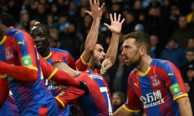 Crystal Palace's Luka Milivojevic celebrates scoring his side's third goal in a shock win at Manchester City