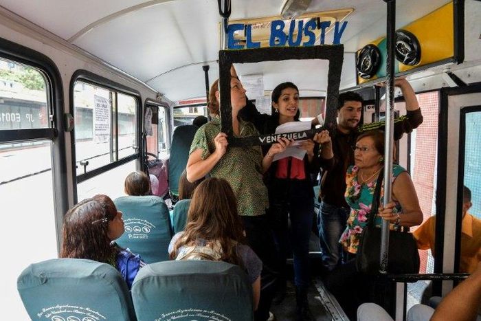 A group of young Venezuelan reporters board buses to present the news, as part of a project to keep people informed in the face of what the opposition and the national journalists' union describe as censorship by the government of Nicolas Maduro