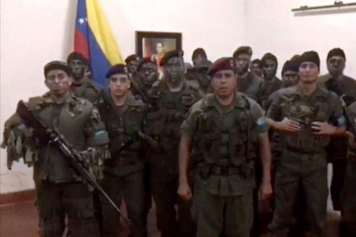 This video screen grab, posted on August 6, 2017, shows a man who claims to be army captain Juan Caguaripano launching his "legitimate rebellion" against Maduro's "tyranny," before his group supposedly raided a Venezuelan army base