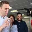 Russian opposition leader Alexei Navalny makes a statement for media at his office in Moscow shortly after being released from jail