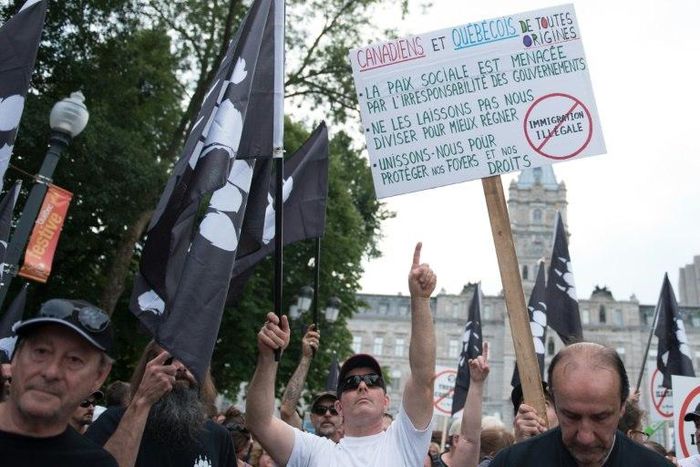 La Meute, a far-right, anti-immigration group, holds a rally in Quebec City, Canada, on August 20, 2017