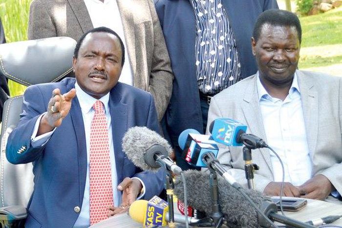 Wiper Party leader Kalonzo Musyoka (left) accompanied by Kitui West MP Francis Nyenze at a past press conference in Nairobi.