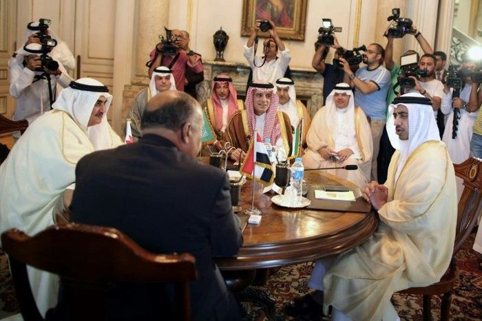 The foreign ministers of Bahrain, Egypt, Saudi Arabia and the United Arab Emirates meet in Cairo on July 5, 2017