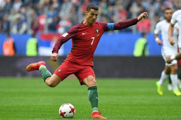Portugal's forward Cristiano Ronaldo kicks the ball during the 2017 Confederations Cup group A football match against New Zealand June 24, 2017