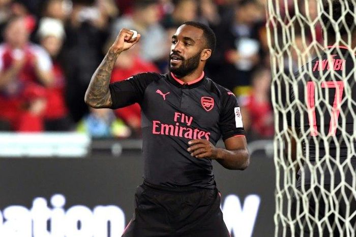 Alexandre Lacazette celebrates after scoring his first goal for Arsenal after making his debut for the Gunners in their friendly against Sydney FC