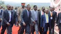 President Uhuru Kenyatta, accompanied by Governors Peter Munya, Kinuthia Mbugua and Devolution CS Mwangi Kiunjuri in Naivasha.