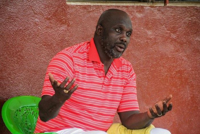 Former international Liberian soccer star turned politician, George Weah speaks during an interview in Monrovia on July 7, 2017
