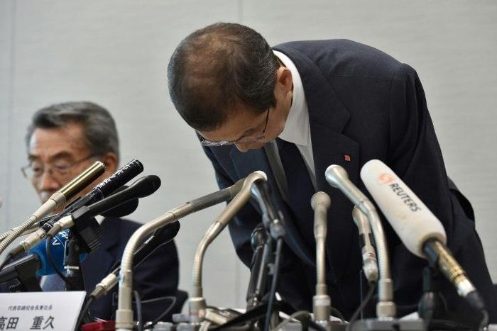 Takata CEO Shigehisa Takada apologised from the 'bottom of my heart' and said he would resign once the firm is taken over by US auto parts maker Key Safety Systems