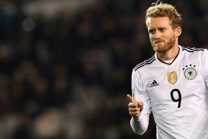 Germany and Borussia Dortmund striker Andre Schuerrle celebrates after scoring a goal during the World Cup 2018 qualification match between Azerbaijan and Germany in Baku on March 26, 2017