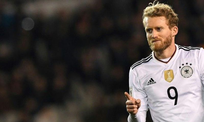 Germany and Borussia Dortmund striker Andre Schuerrle celebrates after scoring a goal during the World Cup 2018 qualification match between Azerbaijan and Germany in Baku on March 26, 2017