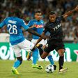 Nice's forward Alassane Plea (R) kicks the ball next to Napoli's defender Kalidou Koulibaly (L) and Napoli's defender Faouzi Ghoulam (C) during the UEFA Champions League Play Off first leg football match August 16 2017