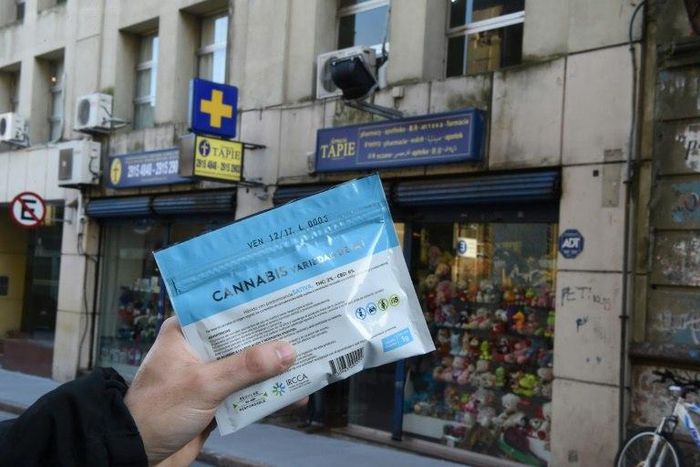 A man holds an envelope of marijuana that he purchased at a pharmacy in Montevideo in this file photo from July 19