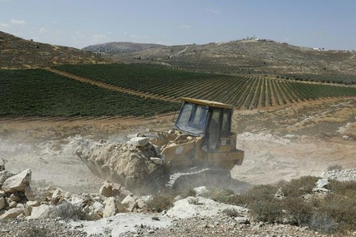 A worker uses a bulldozer to clear the land for the new Amichai settlement, between Ramallah and Nablus in the West Bank, on June 20, 2017