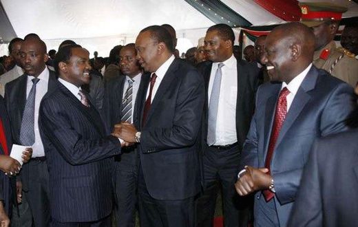 President Uhuru Kenyatta greeting Wiper Leader Kalonzo Musyoka as DP William Ruto watches