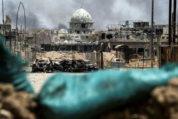 A picture taken on July 2, 2017 shows a general view of a destroyed mosque in the Old City of Mosul, during the government offensive to retake the city from Islamic State (IS) group fighters