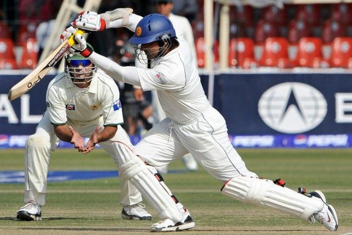 Sri Lanka's Kumar Sangakkara (R) plays a stroke during a Test match against Pakistan, in Lahore, in March 2009