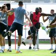 Manchester United players stretch during a training session at UCLA's Drake Stadium in Los Angeles, California, on July 10, 2017